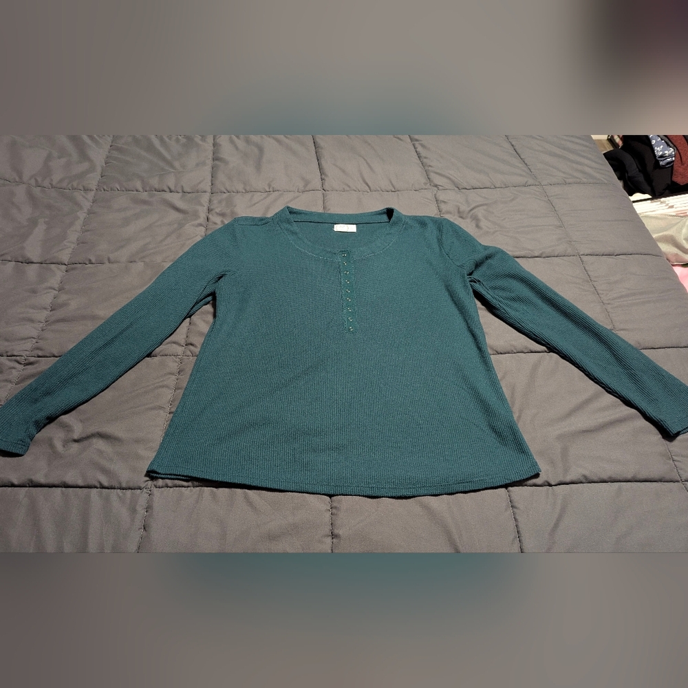 MAURICES 24/7 Deep Teal Thermal Waffle Long Sleeve Henley Large Top